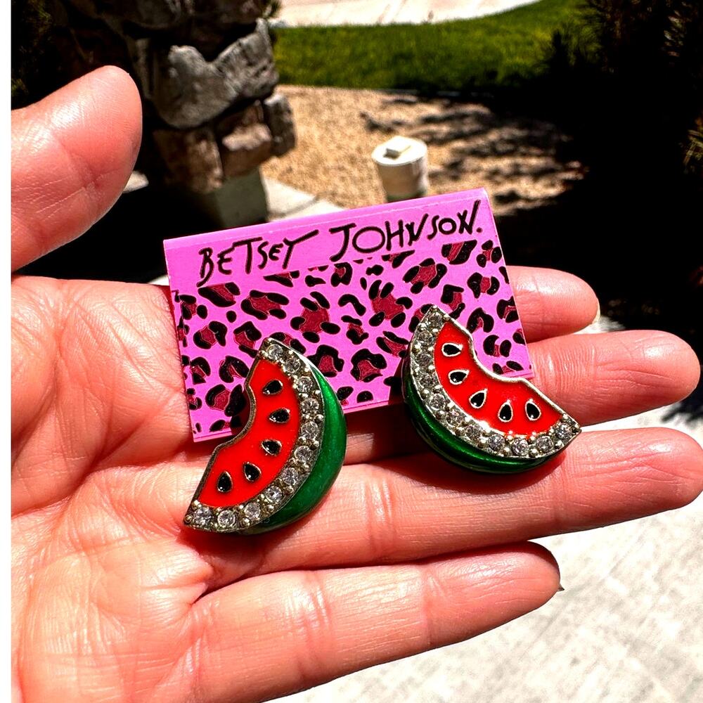 Betsey Johnson Crystal Watermelon Stud Earrings red green enamel slice sparkly